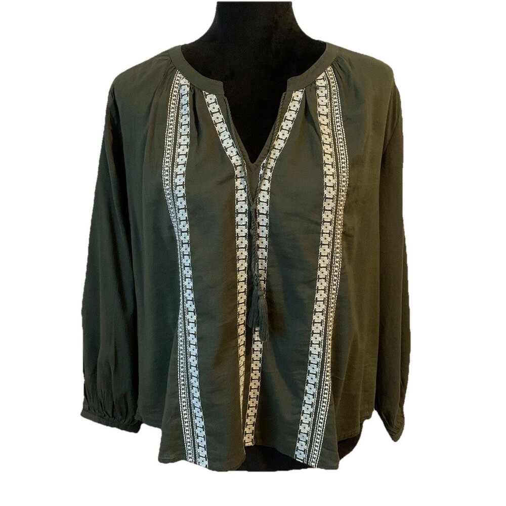 Old Navy Top Womens Small Petite SP Olive Green Peasant Tasseled Embroidered